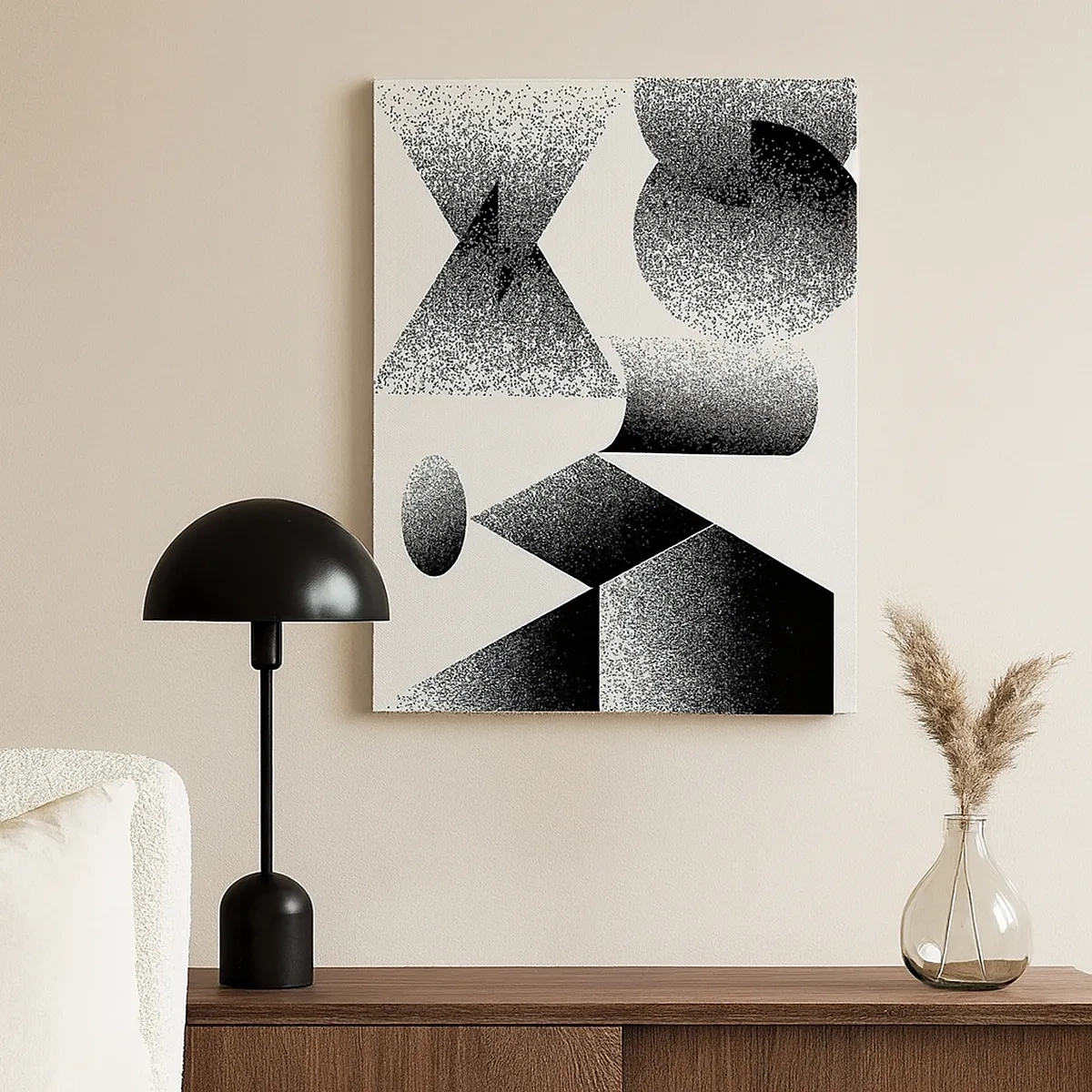 Obraz na płótnie - Abstrakcyjna kompozycja geometrycznych kształtów w czarno-białej kolorystyce - 50x70cm - Kąty i owale - Nowoczesna dekoracja ścienna do salonu, kuchni i sypialni ARTTOR