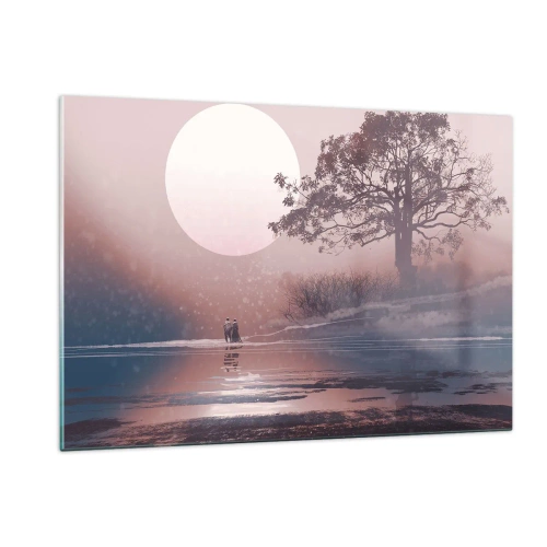 Obraz na szkle - Magiczny krajobraz z drzewem, księżycem i postaciami - 120x80cm - Nocne dziwy - Nowoczesna dekoracja ścienna do salonu, kuchni i sypialni ARTTOR