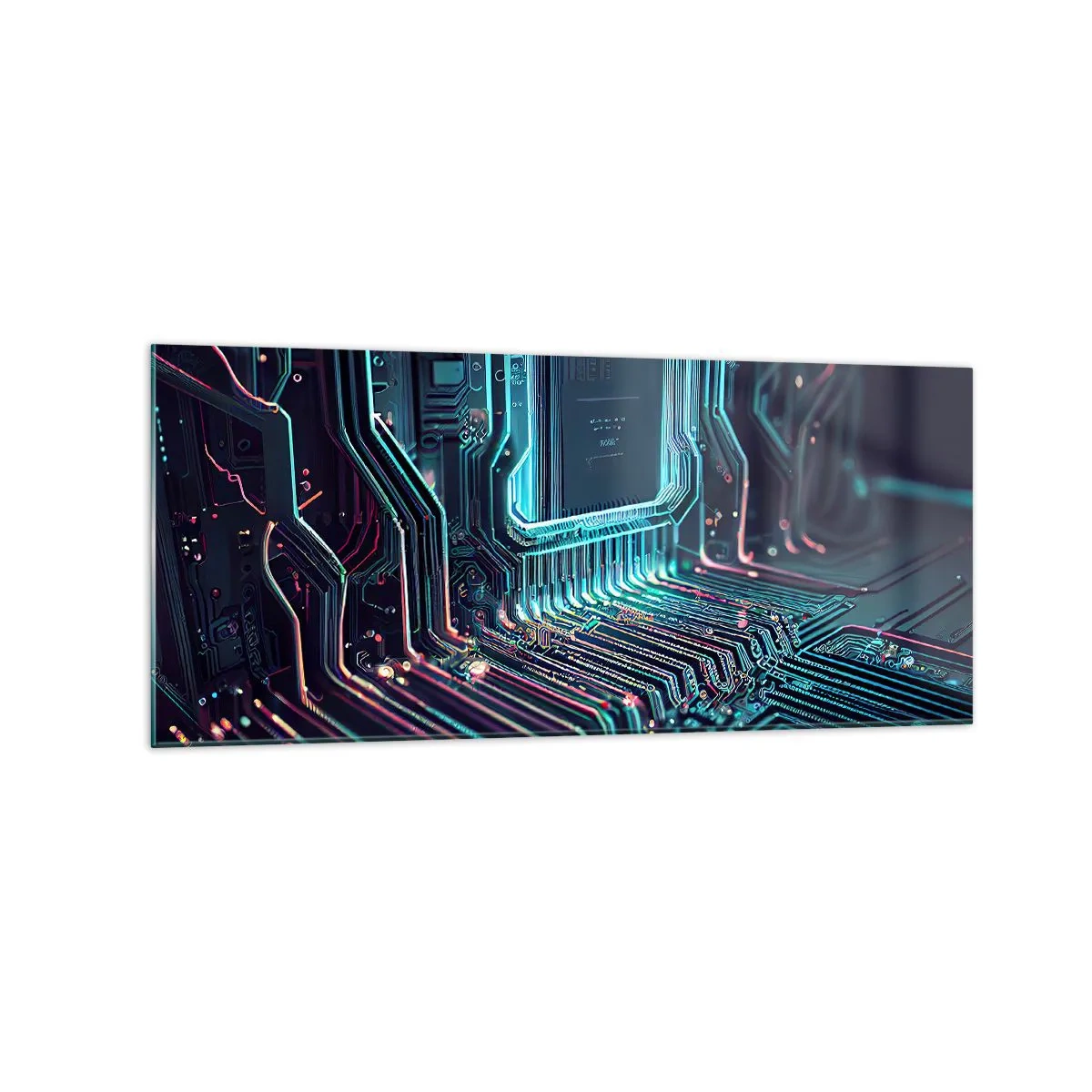Obraz na szkle - Technologiczna płytka drukowana z podświetlonymi ścieżkami - 120x50cm - Tak sobie myślę… - Nowoczesna dekoracja ścienna do salonu i sypialni ARTTOR