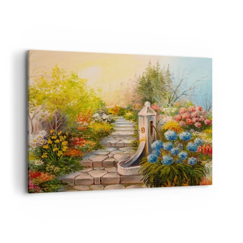 Obraz na płótnie - Malowniczy ogród z fontanną i kolorowymi kwiatami - 120x80cm - W pełnym rozkwicie - Nowoczesna dekoracja ścienna do salonu, kuchni i sypialni ARTTOR