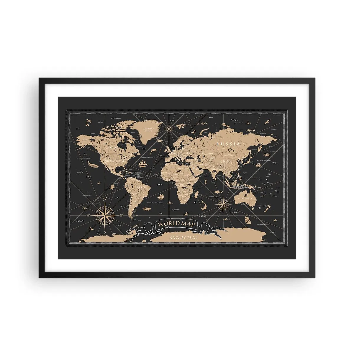 Plakat w czarnej ramie - Stylizowana mapa świata na czarnym tle z beżowymi akcentami - 70x50cm - Granice mojego świata - Nowoczesna dekoracja ścienna do salonu i sypialni ARTTOR