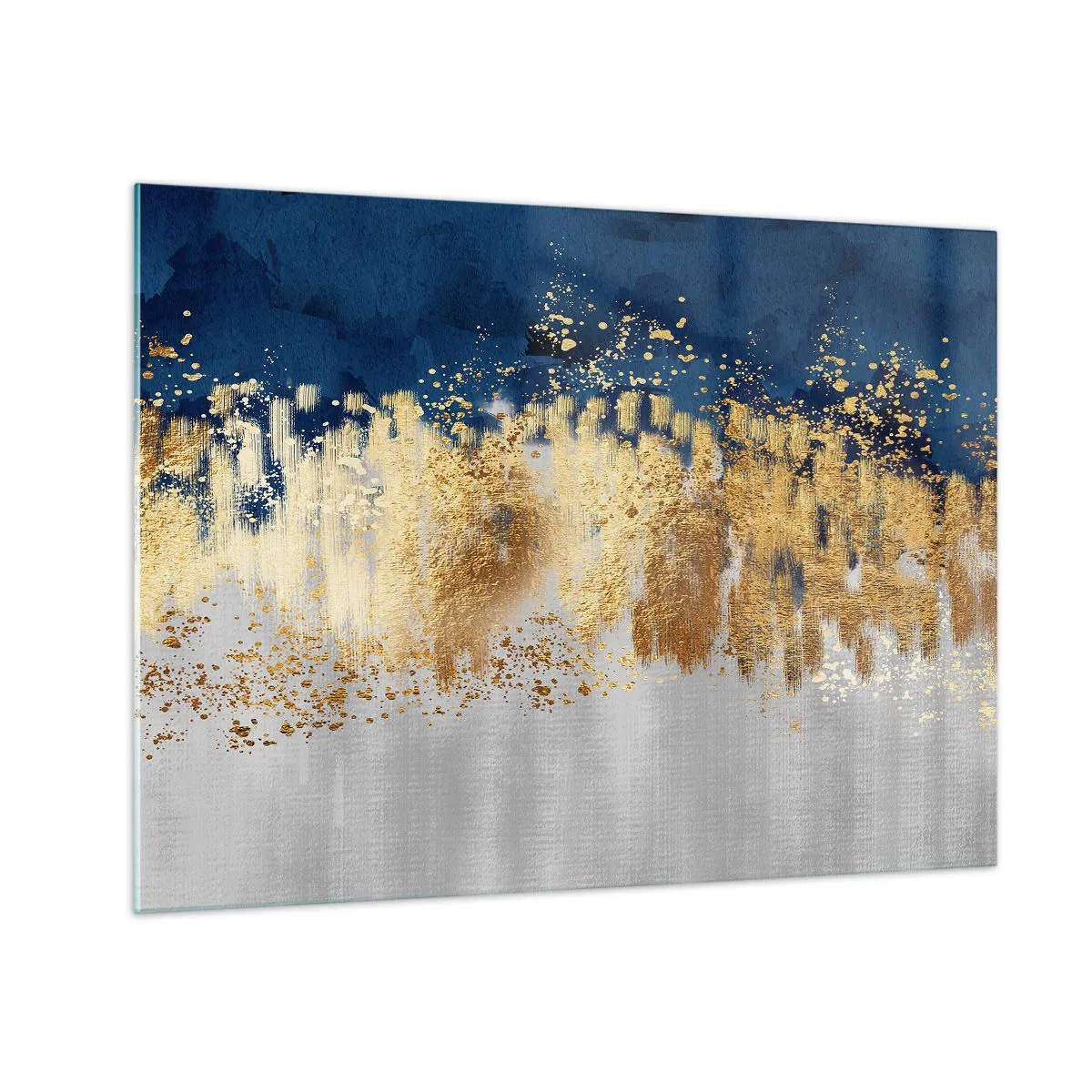 Obraz na szkle - Złote akcenty na granatowym i srebrnym tle - 70x50cm - Nowoczesna kompozycja z błyskiem - Nowoczesna dekoracja ścienna do salonu i sypialni ARTTOR