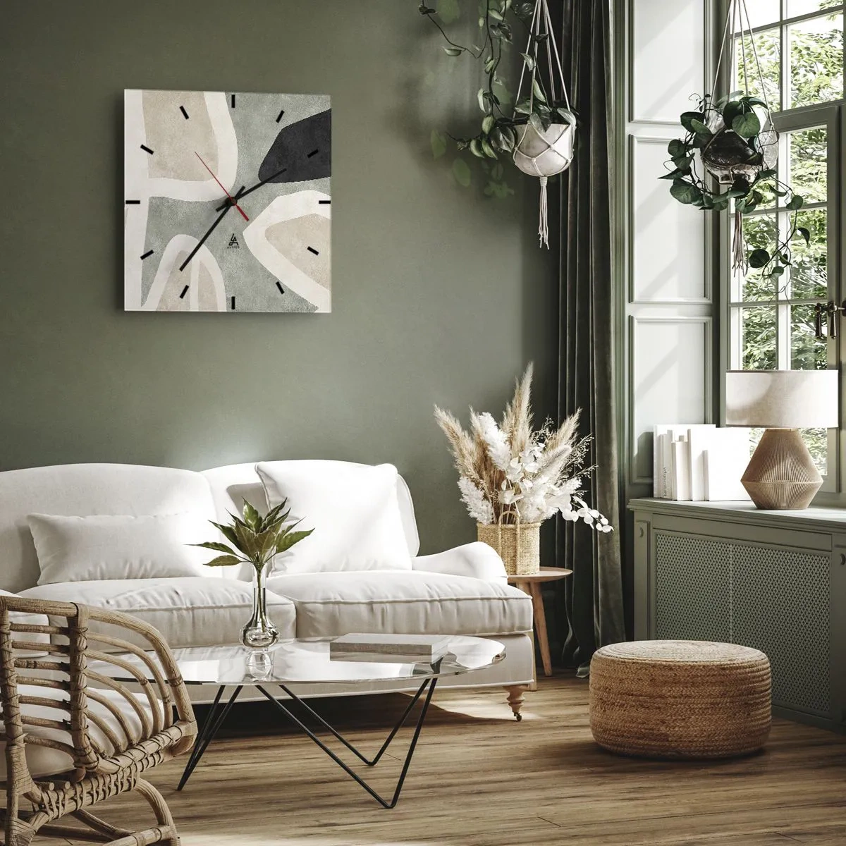 Zegar ścienny - Abstrakcyjne kształty w stonowanych barwach - 30x30cm - Kompozycja z motywem czerni - Nowoczesna dekoracja ścienna do salonu i sypialni ARTTOR