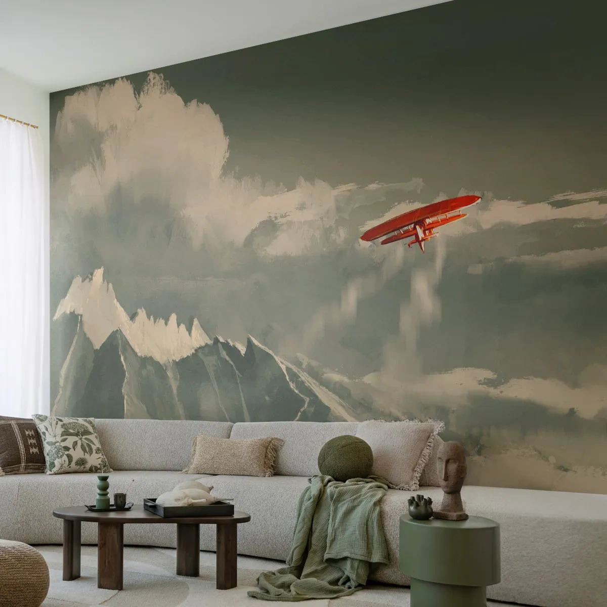 Fototapeta Premium Canvas - Czerwony samolot nad ośnieżonymi górami - 100x70cm - Nieustraszony pionier - Nowoczesna dekoracja ścienna do salonu i sypialni ARTTOR