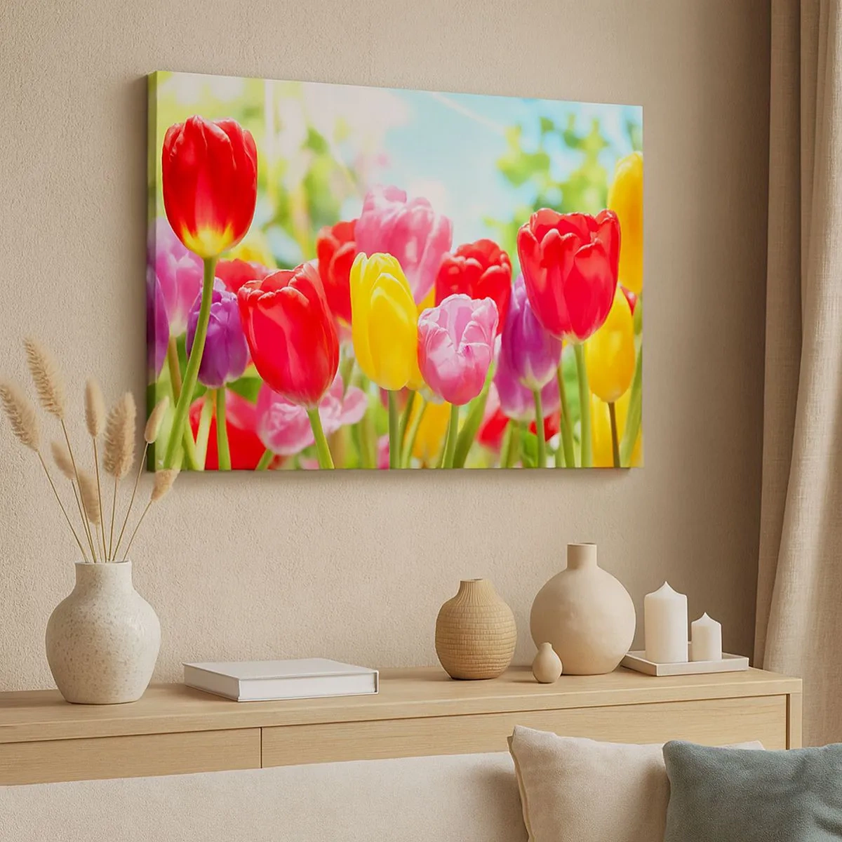Obraz na płótnie - Kolorowe tulipany w pełnym rozkwicie na wiosennym tle - 70x50cm - To my, kolory maja! - Nowoczesna dekoracja ścienna do salonu i sypialni ARTTOR