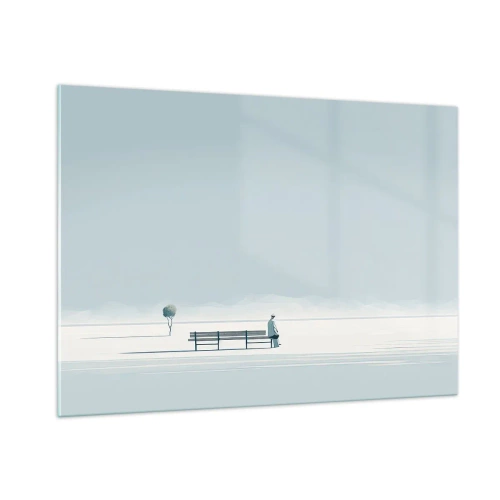 Obraz na szkle - Postać przy ławce w minimalistycznym krajobrazie - 100x70cm - Tak, czekam. - Nowoczesna dekoracja ścienna do salonu, kuchni i sypialni ARTTOR