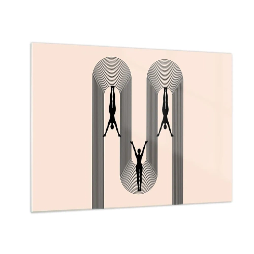 Obraz na szkle - Czarne sylwetki postaci zawieszone w rytmicznych łukach - 70x50cm - Do góry nogami - Nowoczesna dekoracja ścienna do salonu i sypialni ARTTOR