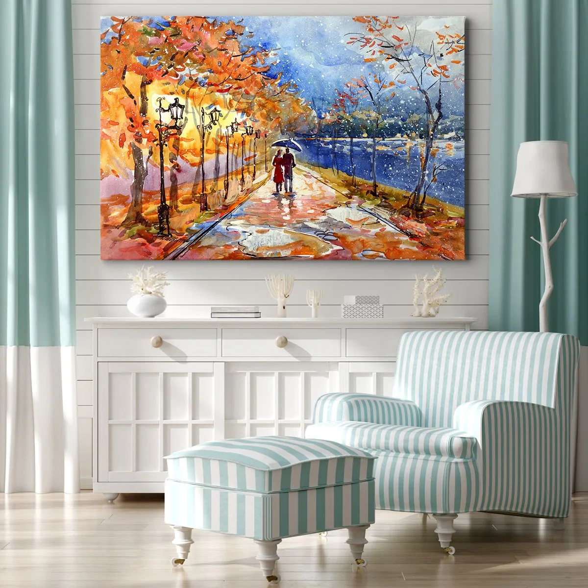 Obraz na płótnie - Jesienny spacer w parku nad brzegiem rzeki pod parasolem - 70x50cm - Razem do granicy czasu - Nowoczesna dekoracja ścienna do salonu i sypialni ARTTOR