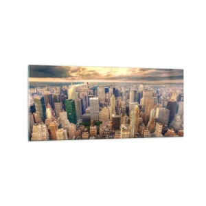 Obraz na szkle - Panorama miasta z widokiem na drapacze chmur o zachodzie słońca - 120x50cm - Wyzłocone metropolis - Nowoczesna dekoracja ścienna do salonu i sypialni ARTTOR