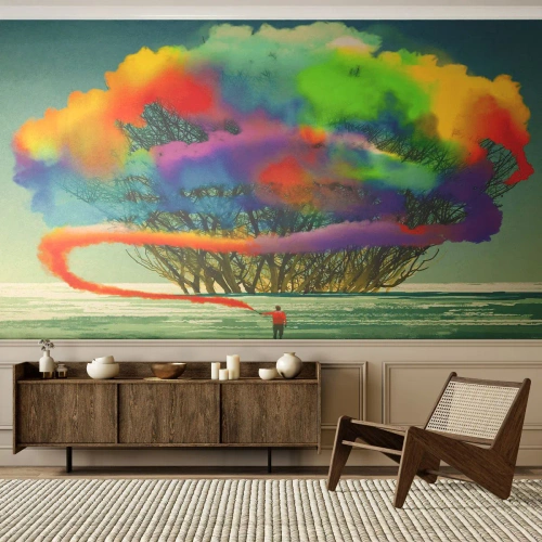Fototapeta Standard Eco - Drzewo otoczone kolorowym dymem i postać z flarą - 100x70cm - Ożywić ten świat - Nowoczesna dekoracja ścienna do salonu i sypialni ARTTOR