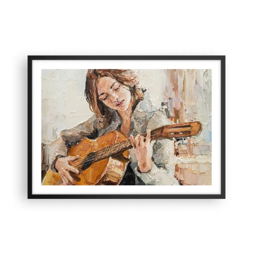 Plakat w czarnej ramie - Portret dziewczyny grającej na gitarze w malarskim stylu z ciepłymi barwami - 70x50cm - Koncert na gitarę i dziewczęce serce - Nowoczesna dekoracja ścienna do salonu i sypialni ARTTOR