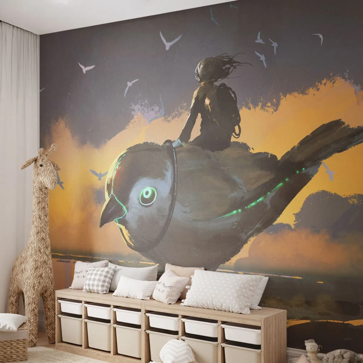 Fototapeta Premium Sand - Jeździec na mechanicznym ptaku w futurystycznym krajobrazie - 100x70cm - Przystanek w fantastycznej podróźy - Nowoczesna dekoracja ścienna do salonu, kuchni i sypialni ARTTOR