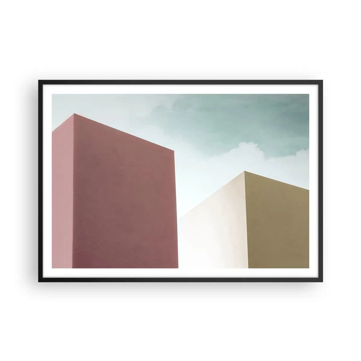 Plakat w czarnej ramie - Minimalistyczna architektura z pastelowymi blokami i niebem - 100x70cm - Geometria słonecznego lata - Nowoczesna dekoracja ścienna do salonu i sypialni ARTTOR