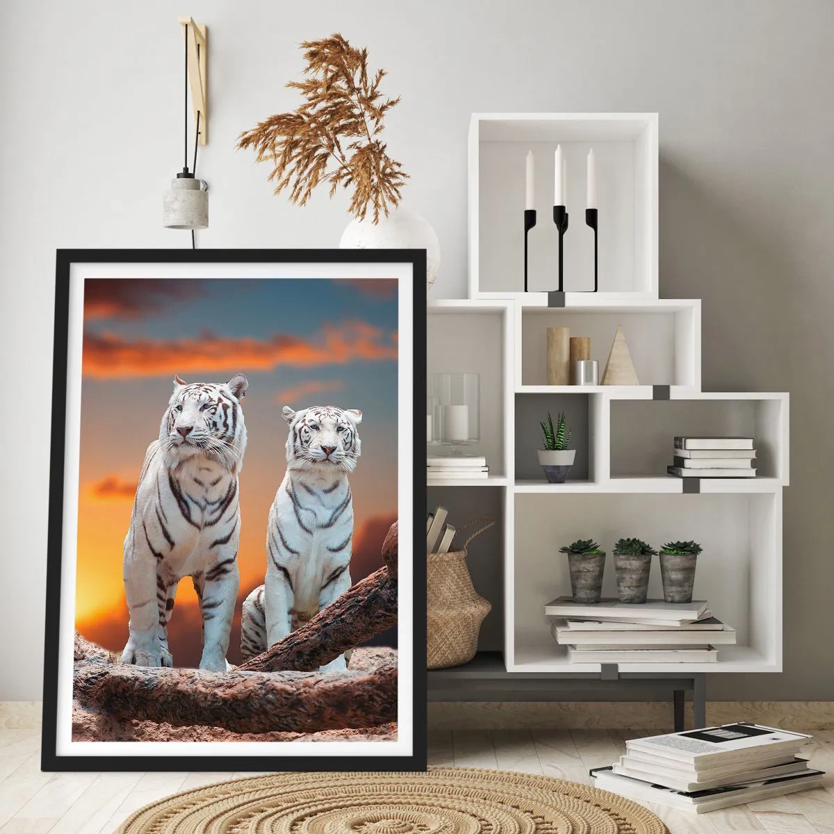 Plakat w czarnej ramie - Białe tygrysy na tle zachodzącego słońca - 50x70cm - Zupełnie jak w Narni - Nowoczesna dekoracja ścienna do salonu i sypialni ARTTOR