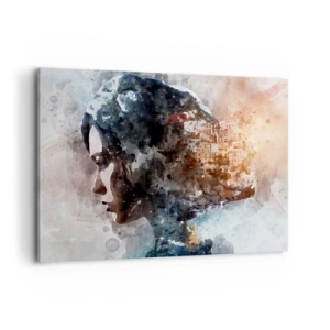 Obraz na płótnie - Portret kobiety łączący twarz z miejskim krajobrazem w tle - 100x70cm - Opowieść o dziewczynie z miastem w tle - Nowoczesna dekoracja ścienna do salonu, kuchni i sypialni ARTTOR