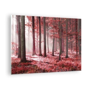 Obraz na szkle - Jesienny las w czerwonych barwach i porannej mgle - 70x50cm - Czerwony równie piękny - Nowoczesna dekoracja ścienna do salonu i sypialni ARTTOR
