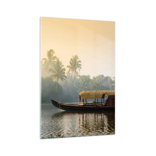 Obraz na szkle - Tradycyjna łódź na spokojnej rzece wśród palm - 70x100cm - Dom na rzece - Nowoczesna dekoracja ścienna do salonu i sypialni ARTTOR
