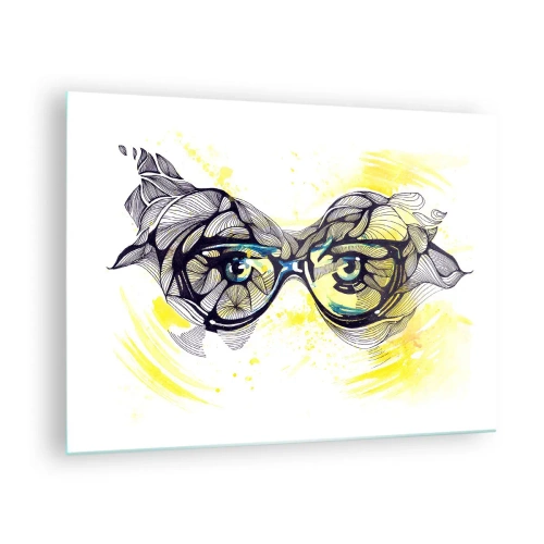 Obraz na szkle - Okulary z artystycznymi wzorami i oczami na tle w żółtych tonacjach - 70x50cm - Przez błękitne okulary - Nowoczesna dekoracja ścienna do salonu i sypialni ARTTOR