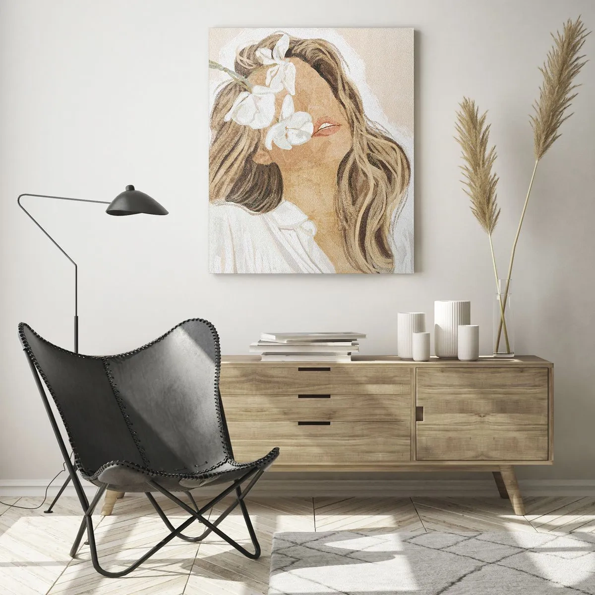 Obraz na szkle - Delikatna kobieca sylwetka z kwiatami w naturalnych odcieniach - 80x120cm - Wśród kwiatów w uniesieniu - Nowoczesna dekoracja ścienna do salonu i sypialni ARTTOR