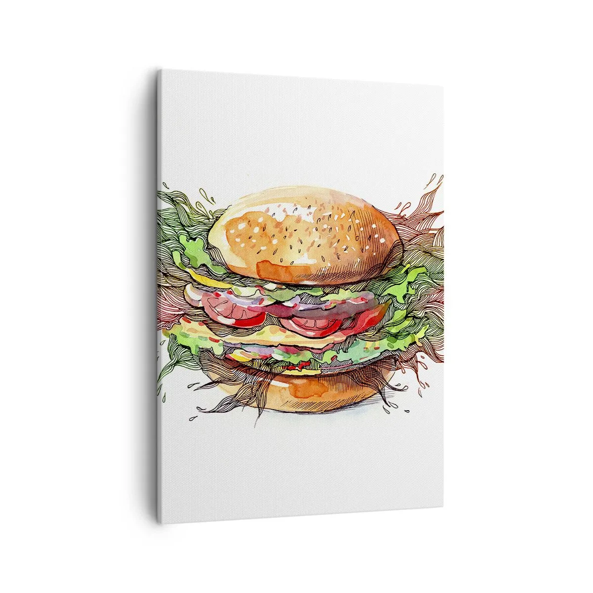 Obraz na płótnie - Hamburger z sałatą, pomidorem i bułką sezamową - 50x70cm - Gorąca pokusa - Nowoczesna dekoracja ścienna do salonu, kuchni i sypialni ARTTOR