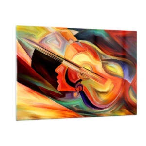Obraz na szkle - Abstrakcyjny portret z gitarą w tle i nutami - 120x80cm - Wszystko gra - Nowoczesna dekoracja ścienna do salonu, kuchni i sypialni ARTTOR