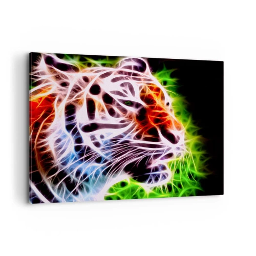 Obraz na płótnie - Kolorowy artystyczny portret tygrysa w neonowym stylu na czarnym tle - 120x80cm - Groźna aura - Nowoczesna dekoracja ścienna do salonu, kuchni i sypialni ARTTOR