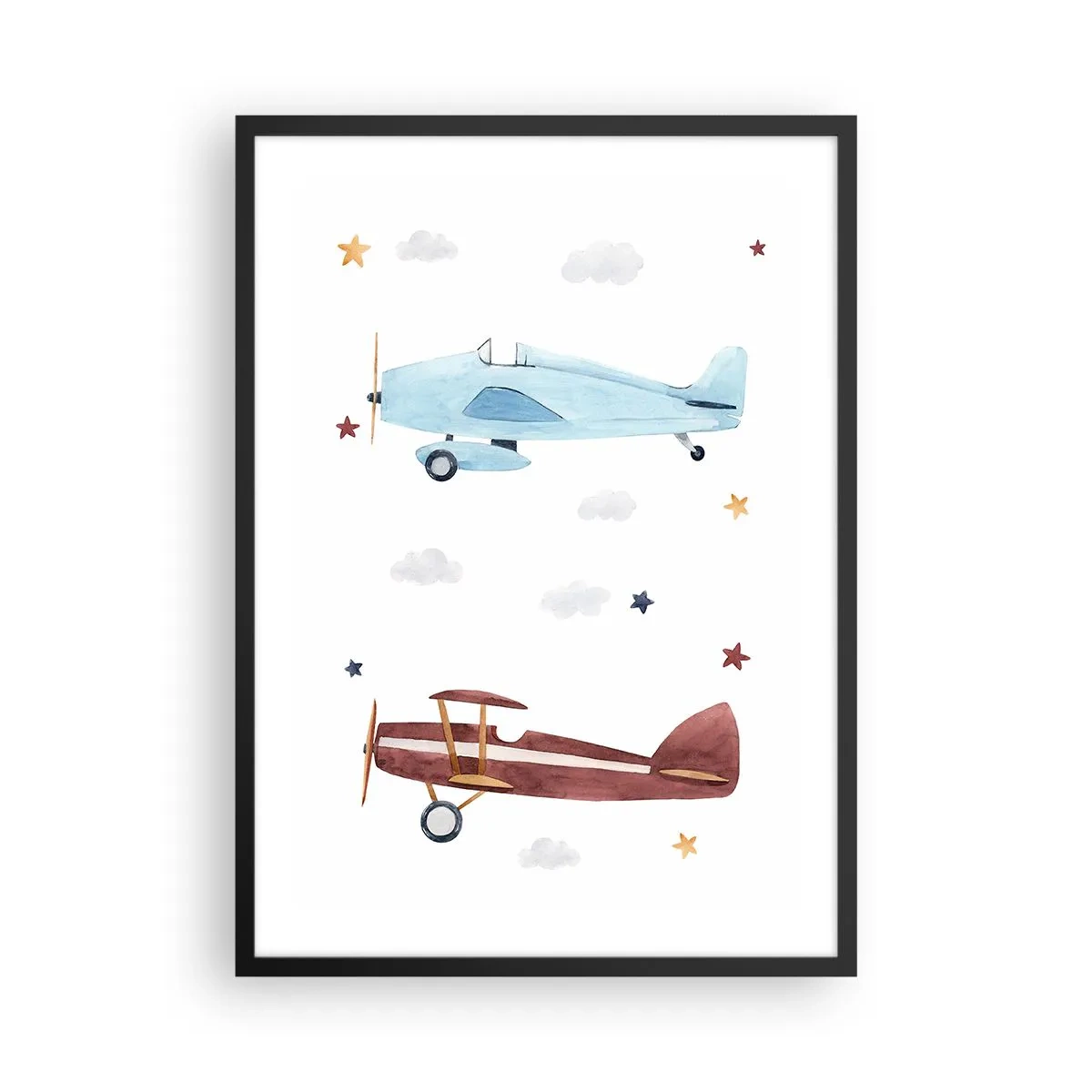 Plakat w czarnej ramie - Akwarelowe ilustracje dwóch samolotów unoszących się wśród chmur i gwiazd - 50x70cm - Panie pilocie, czekamy! - Nowoczesna dekoracja ścienna do salonu i sypialni ARTTOR