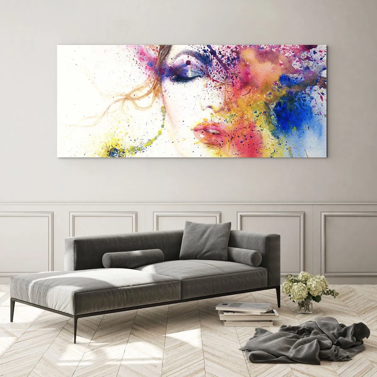 Obraz na szkle - Artystyczny portret kobiety w akwarelowych barwach pełnych ekspresji - 120x50cm - Tęczowy zawrót głowy - Nowoczesna dekoracja ścienna do salonu i sypialni ARTTOR