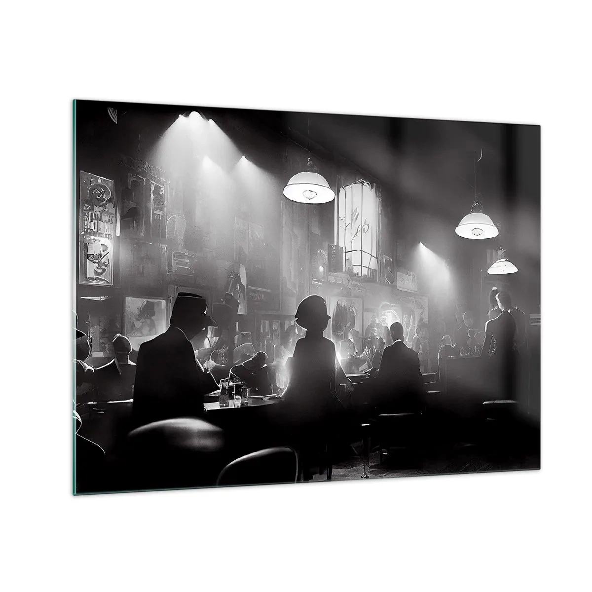 Obraz na szkle - Czarno-biała scena jazzowa w klubowym wnętrzu - 70x50cm - W jazzowym klimacie - Nowoczesna dekoracja ścienna do salonu i sypialni ARTTOR