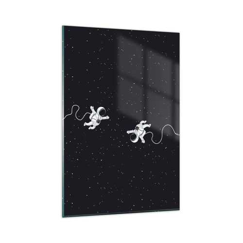 Obraz na szkle - Astronauci unoszący się w kosmosie na tle gwiazd - 80x120cm - Kosmiczny pląs - Nowoczesna dekoracja ścienna do salonu i sypialni ARTTOR