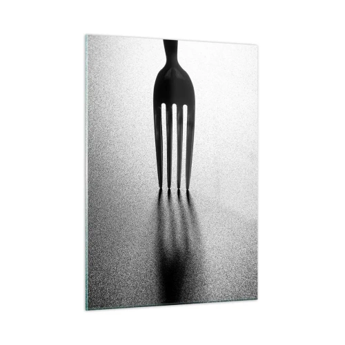 Obraz na szkle - Widelec rzucający cień w minimalistycznej czarno-białej kompozycji - 50x70cm - Światło i cień - Nowoczesna dekoracja ścienna do salonu, kuchni i sypialni ARTTOR