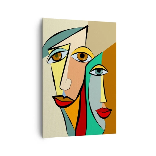 Obraz na płótnie - Abstrakcyjne portrety dwóch twarzy w stylu kubistycznym - 70x100cm - Kubistyczna para - Nowoczesna dekoracja ścienna do salonu i sypialni ARTTOR