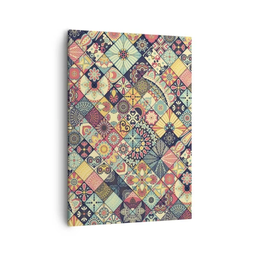 Obraz na płótnie - Kolorowy patchwork z orientalnymi wzorami w geometrycznym układzie - 50x70cm - Marokańskie klimaty - Nowoczesna dekoracja ścienna do salonu, kuchni i sypialni ARTTOR