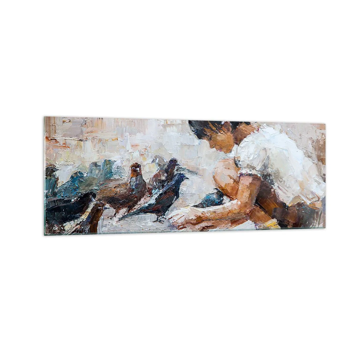 Obraz na szkle - Dziewczynka karmiąca ptaki w malarskim stylu - 140x50cm - Maluczcy i najmilsi - Nowoczesna dekoracja ścienna do salonu i sypialni ARTTOR