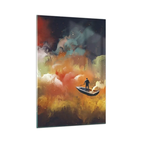 Obraz na szkle - Postać w łodzi na tle kolorowych chmur - 80x120cm - Łodzią przez galaktykę - Nowoczesna dekoracja ścienna do salonu i sypialni ARTTOR