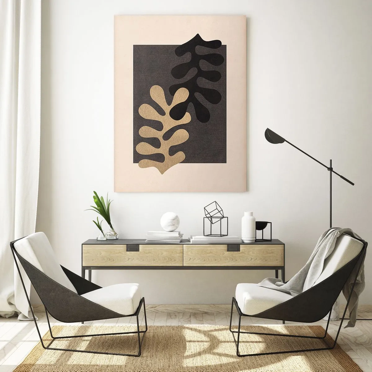 Obraz na szkle - Abstrakcyjne kształty w czerni i beżu na geometrycznym tle - 50x70cm - Brak i dopełnienie - Nowoczesna dekoracja ścienna do salonu, kuchni i sypialni ARTTOR
