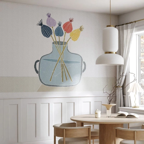 Fototapeta Standard Eco - Kolorowe makówki w niebieskim wazonie na jasnym tle - 100x70cm - Jak makiem zasiał - Nowoczesna dekoracja ścienna do salonu i sypialni ARTTOR