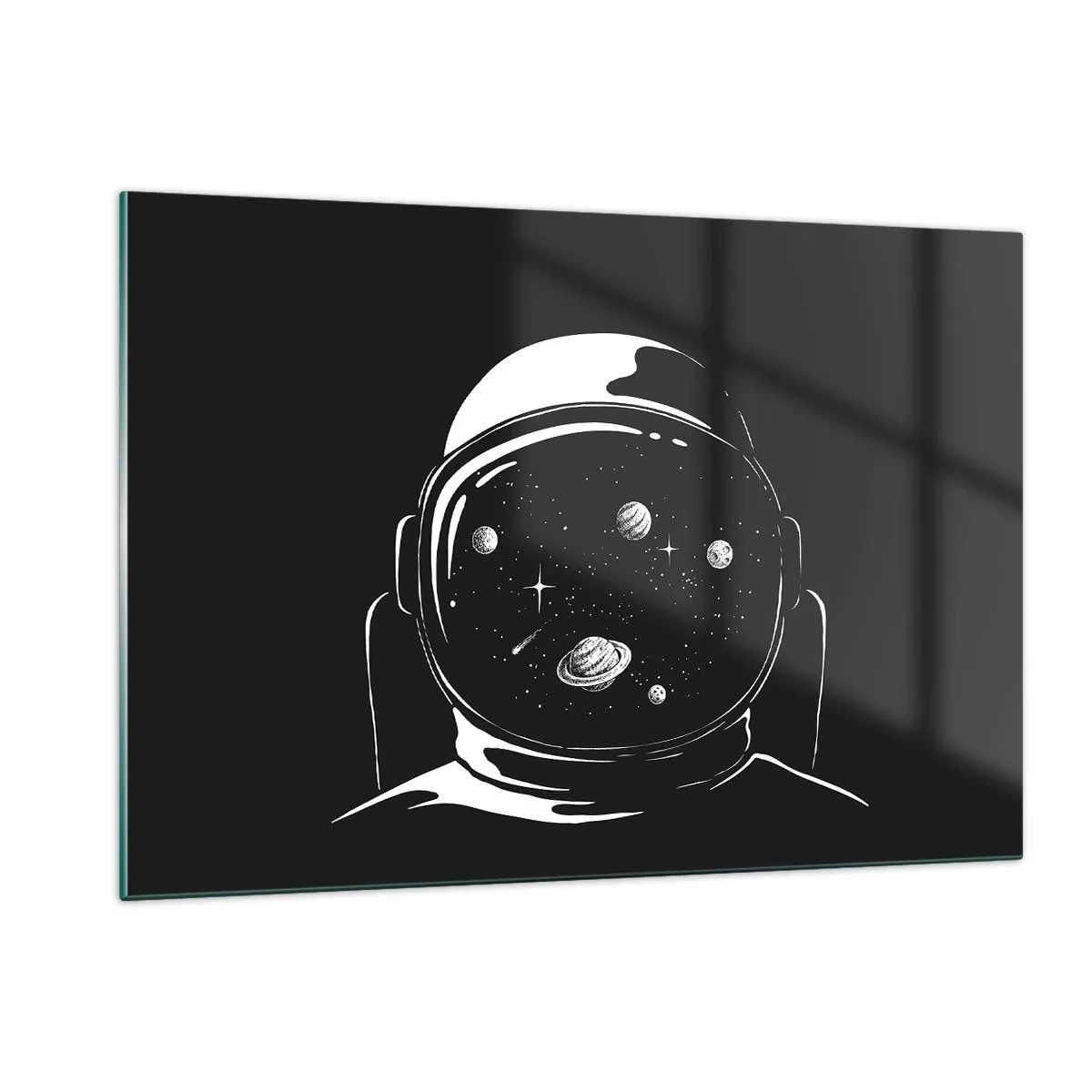 Obraz na szkle - Astronauta z gwiazdami i planetami w hełmie na czarnym tle - 120x80cm - Niezły widok - Nowoczesna dekoracja ścienna do salonu, kuchni i sypialni ARTTOR