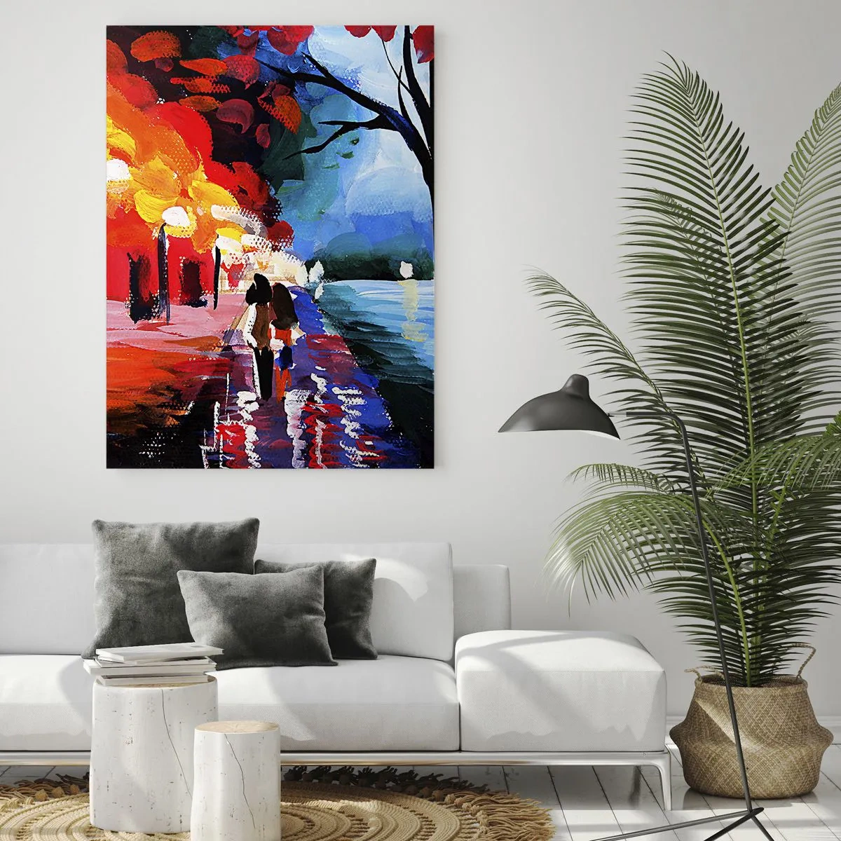 Obraz na szkle - Jesienny spacer alejką z widokiem na wodę - 70x100cm - Płomienna jesień w parku - Nowoczesna dekoracja ścienna do salonu i sypialni ARTTOR