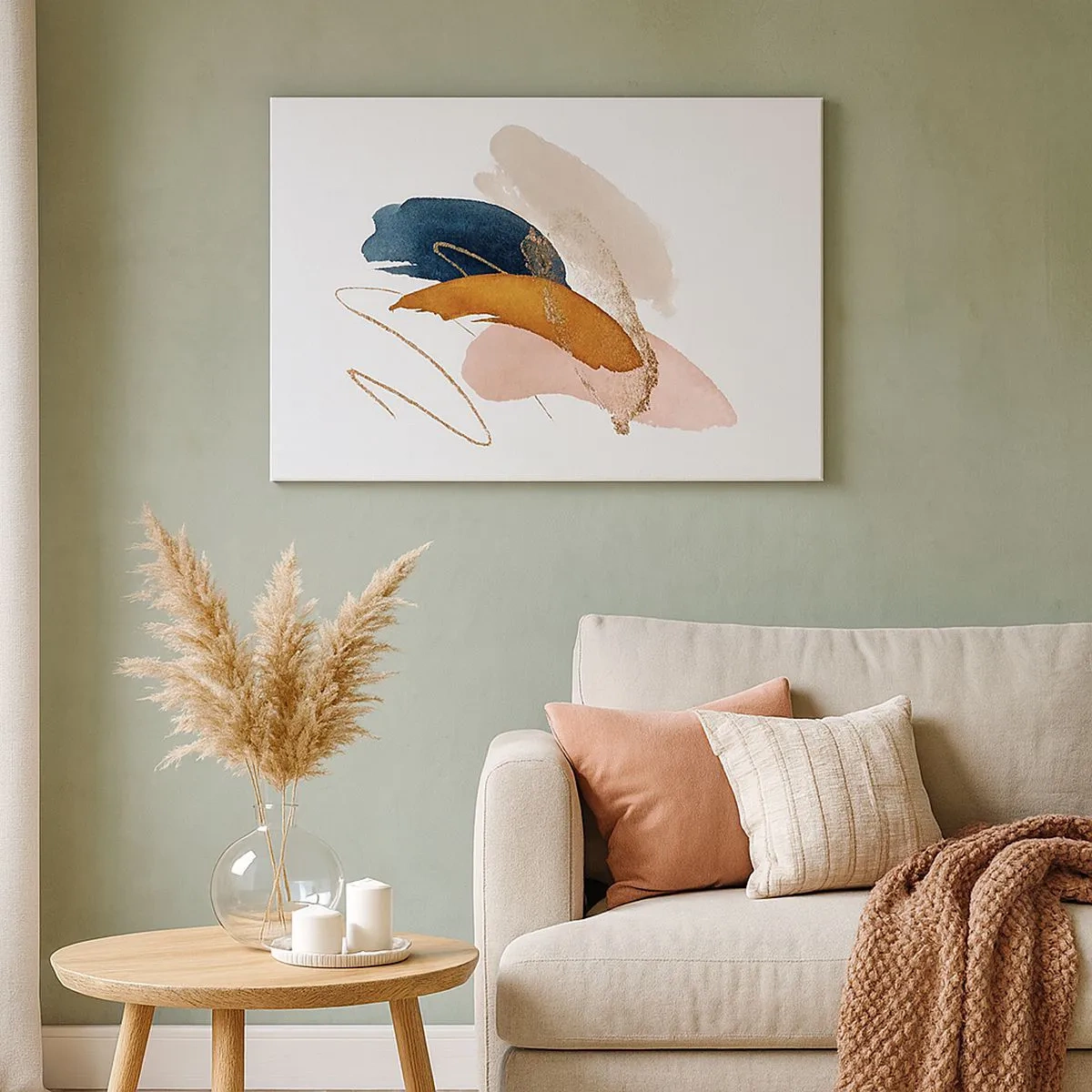 Obraz na płótnie - Abstrakcyjne pociągnięcia w pastelowych kolorach z akcentami złota - 70x50cm - Kompozycja uskrzydlona - Nowoczesna dekoracja ścienna do salonu i sypialni ARTTOR