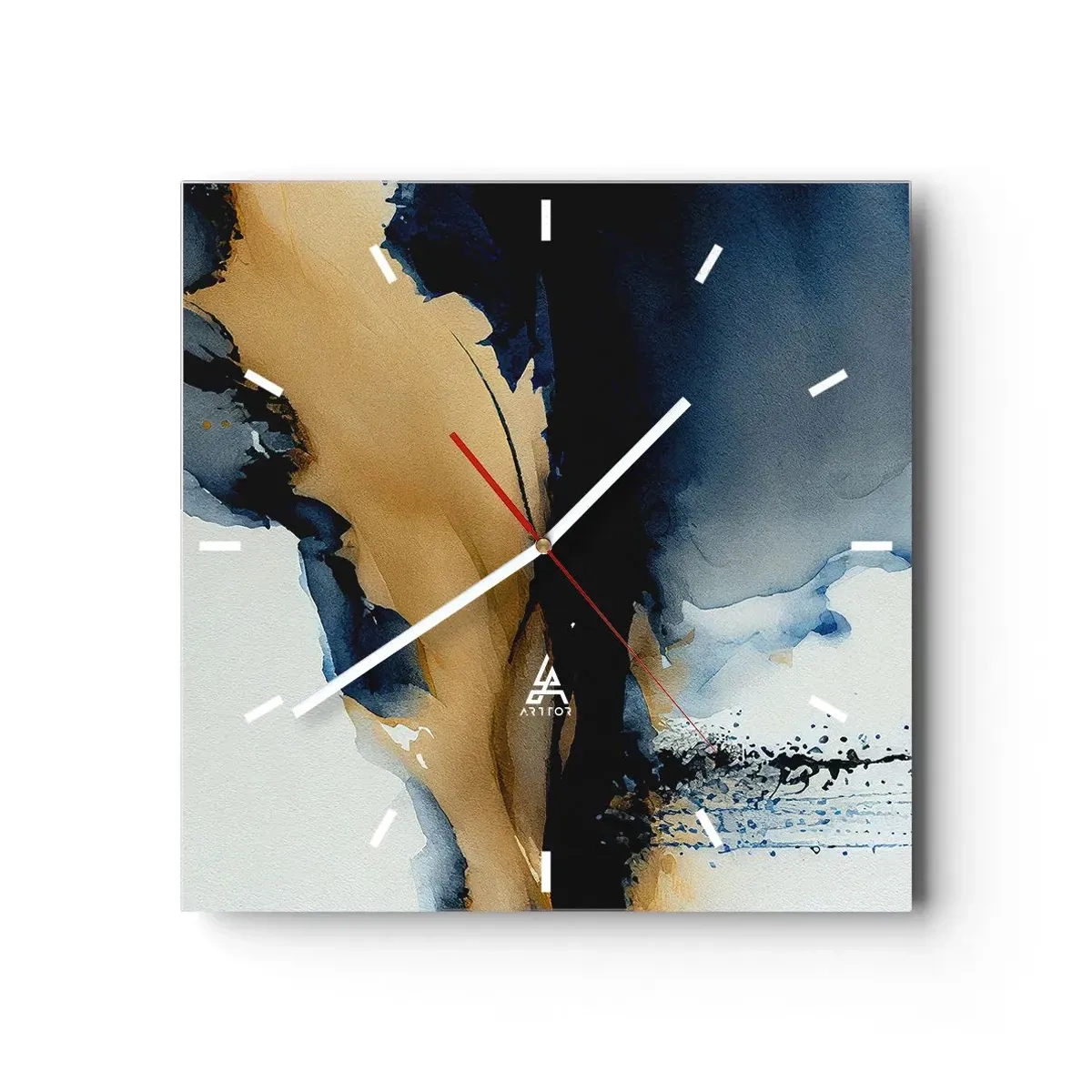 Zegar ścienny - Abstrakcyjna kompozycja w odcieniach granatu i złota - 30x30cm - Za zasłoną - Nowoczesna dekoracja ścienna do salonu i sypialni ARTTOR