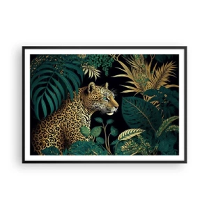 Plakat w czarnej ramie - Leopard w tropikalnych liściach na czarnym tle - 100x70cm - Gospodarz w dżungli - Nowoczesna dekoracja ścienna do salonu i sypialni ARTTOR
