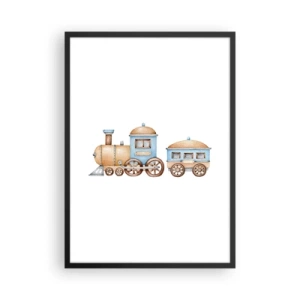 Plakat w czarnej ramie - Akwarelowy pociąg w odcieniach niebieskiego i beżu - 50x70cm - Stoi na stacji... - Nowoczesna dekoracja ścienna do salonu i sypialni ARTTOR