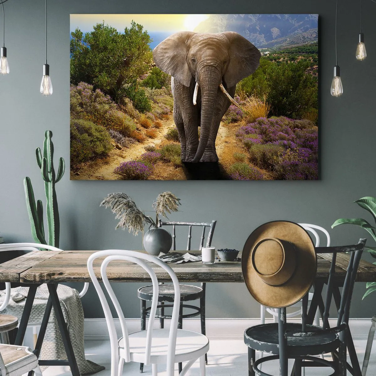 Obraz na płótnie - Słoń afrykański na tle krajobrazu sawanny i gór - 70x50cm - Tak wyglądał Eden - Nowoczesna dekoracja ścienna do salonu i sypialni ARTTOR