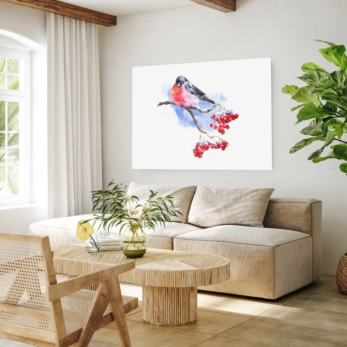 Plakat - Ptak na gałęzi z czerwonymi owocami w tle akwareli - 100x70cm - Zima w kolorze - Nowoczesna dekoracja ścienna do salonu i sypialni ARTTOR