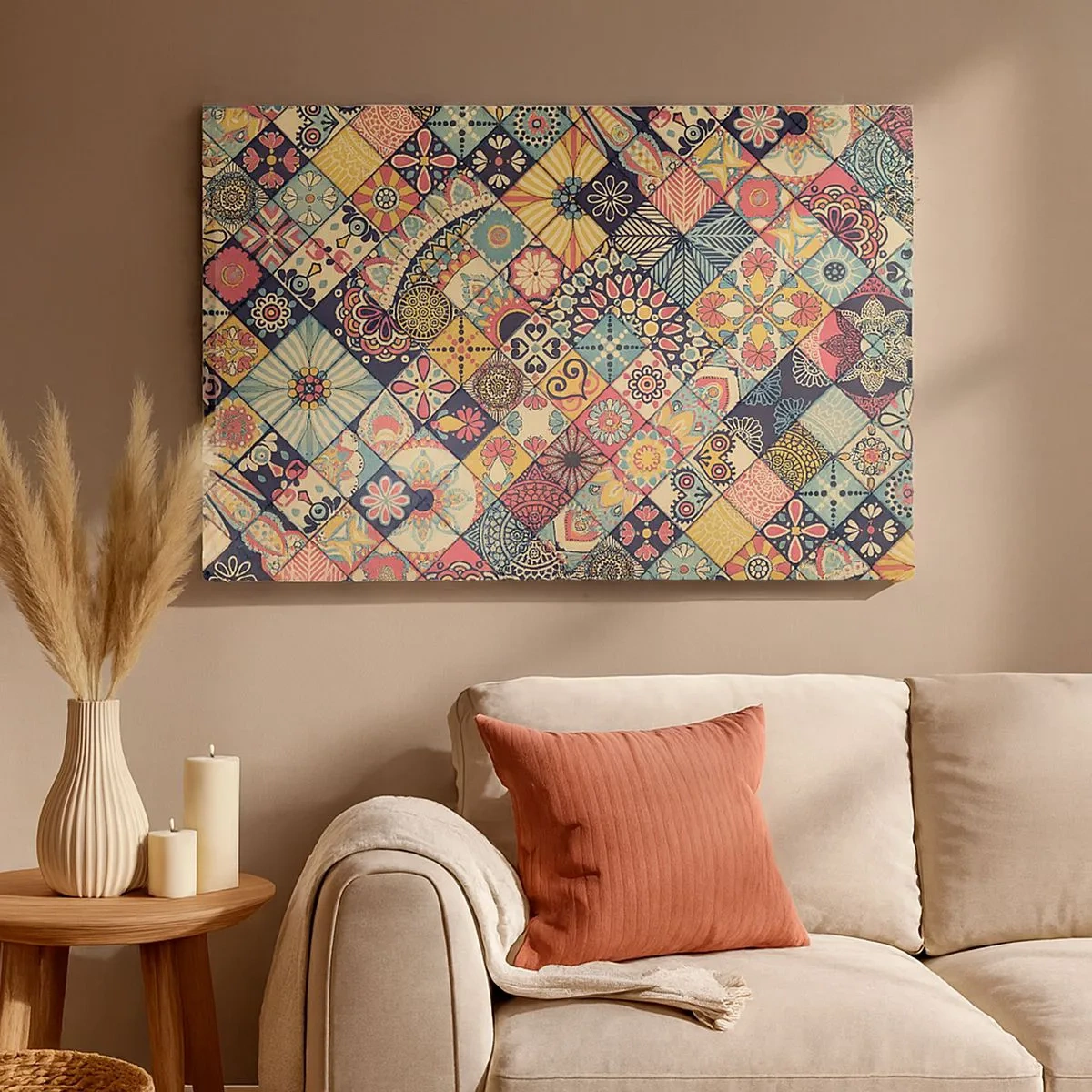 Obraz na płótnie - Kolorowe geometryczne wzory inspirowane stylem marokańskim - 70x50cm - Marokańskie klimaty - Nowoczesna dekoracja ścienna do salonu i sypialni ARTTOR