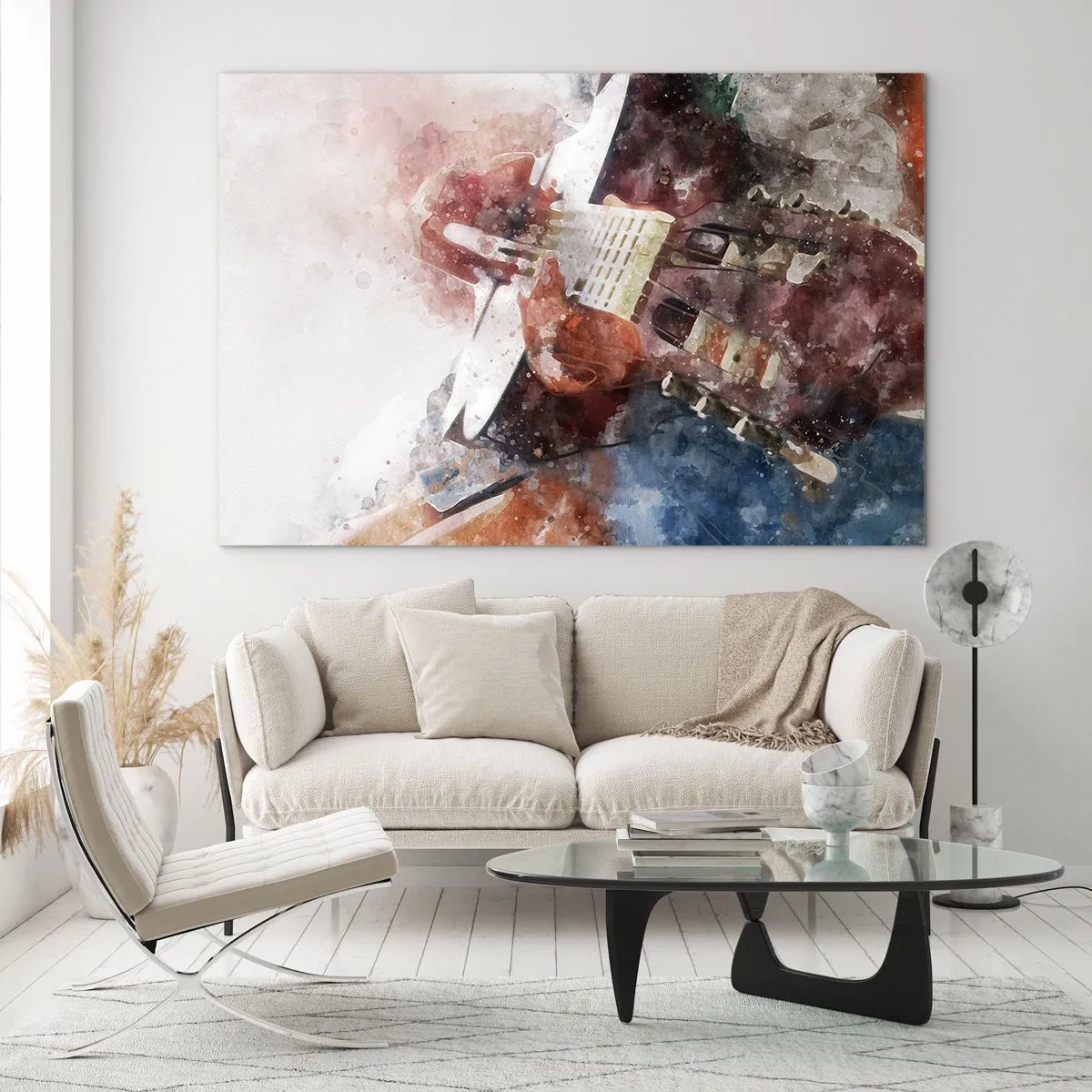 Obraz na szkle - Akwarelowy obraz przedstawiający grę na gitarze w artystycznym stylu - 70x50cm - I co o tym myślisz? - Nowoczesna dekoracja ścienna do salonu i sypialni ARTTOR