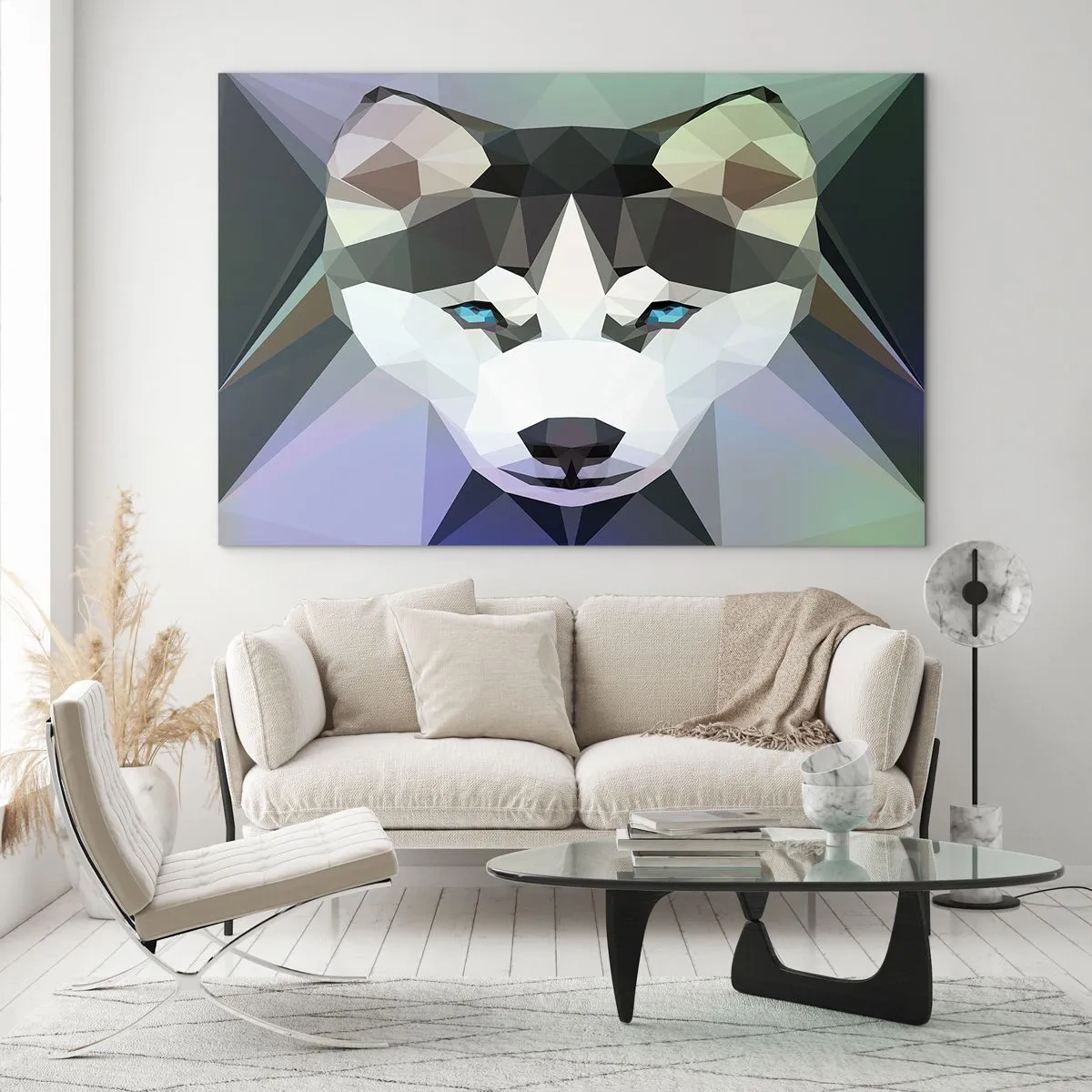 Obraz na szkle - Geometria wilka w nowoczesnym stylu - 120x80cm - Wspomnienie śniegów północy - Nowoczesna dekoracja ścienna do salonu, kuchni i sypialni ARTTOR