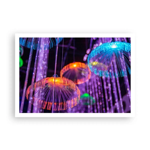 Plakat - Kolorowe świetlne meduzy w ciemnym otoczeniu - 100x70cm - Świetlna fontanna - Nowoczesna dekoracja ścienna do salonu i sypialni ARTTOR