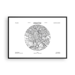 Plakat w czarnej ramie - Mapa Krakowa w minimalistycznym stylu - 100x70cm - Anatomia Krakowa - Nowoczesna dekoracja ścienna do salonu i sypialni ARTTOR